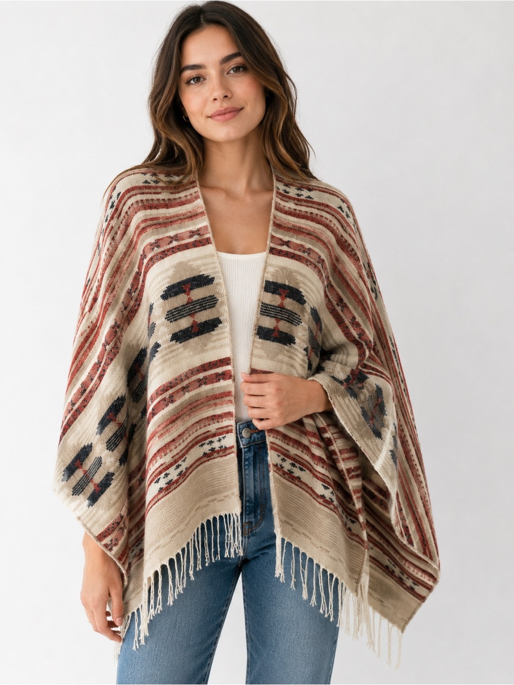 Francesca’s Women’s One Size Beige Burgundy Geometric Fringe Poncho Boho Wrap